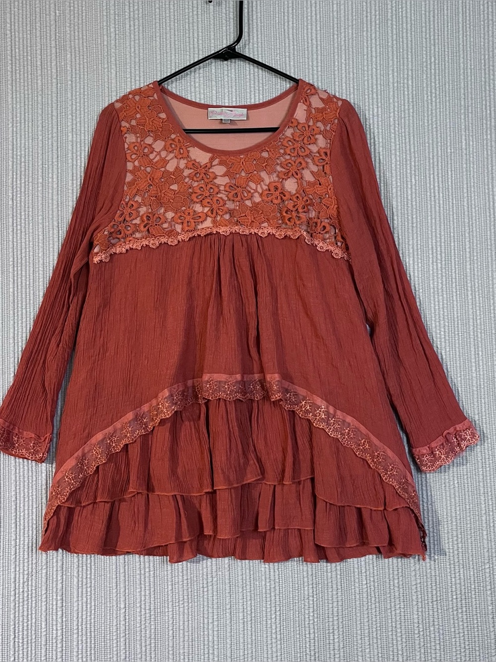 Pretty Angel Boho Chic Tunic Top Terracota Rust Whimsical Lace Crochet Womens M